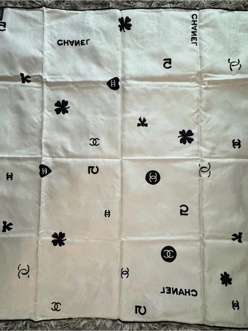 CHANEL Ivory Silk Logo & Motif Scarf with Black Accents